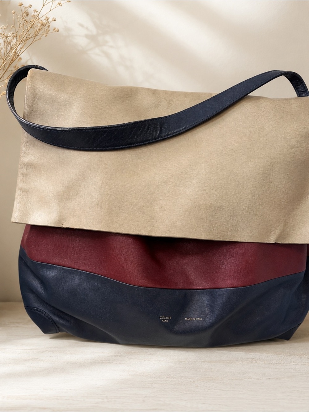Celine Large Tri-Color Leather Foldover Hobo Shoulder Bag Made in Italy - Picture 2 of 12